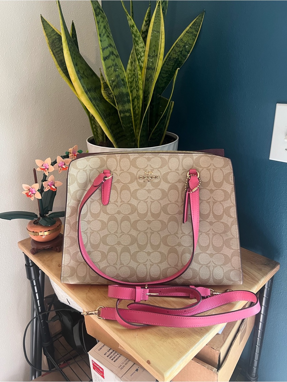 Coach Tatum Carryall Bag in Signature Canvas (Style C4075) – Khaki / Bright Pink